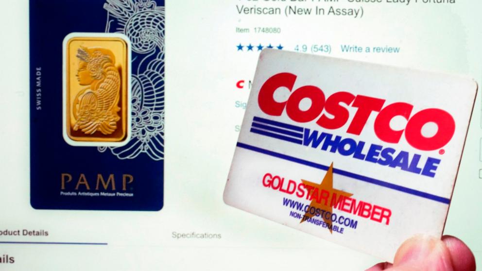 PHOTO: A Costco webpage featuring a one-ounce Gold Bar PAMP Suisse Lady Fortuna Veriscan, and a Costco membership card, are shown in this photo, in New York, Oct. 4, 2023. 