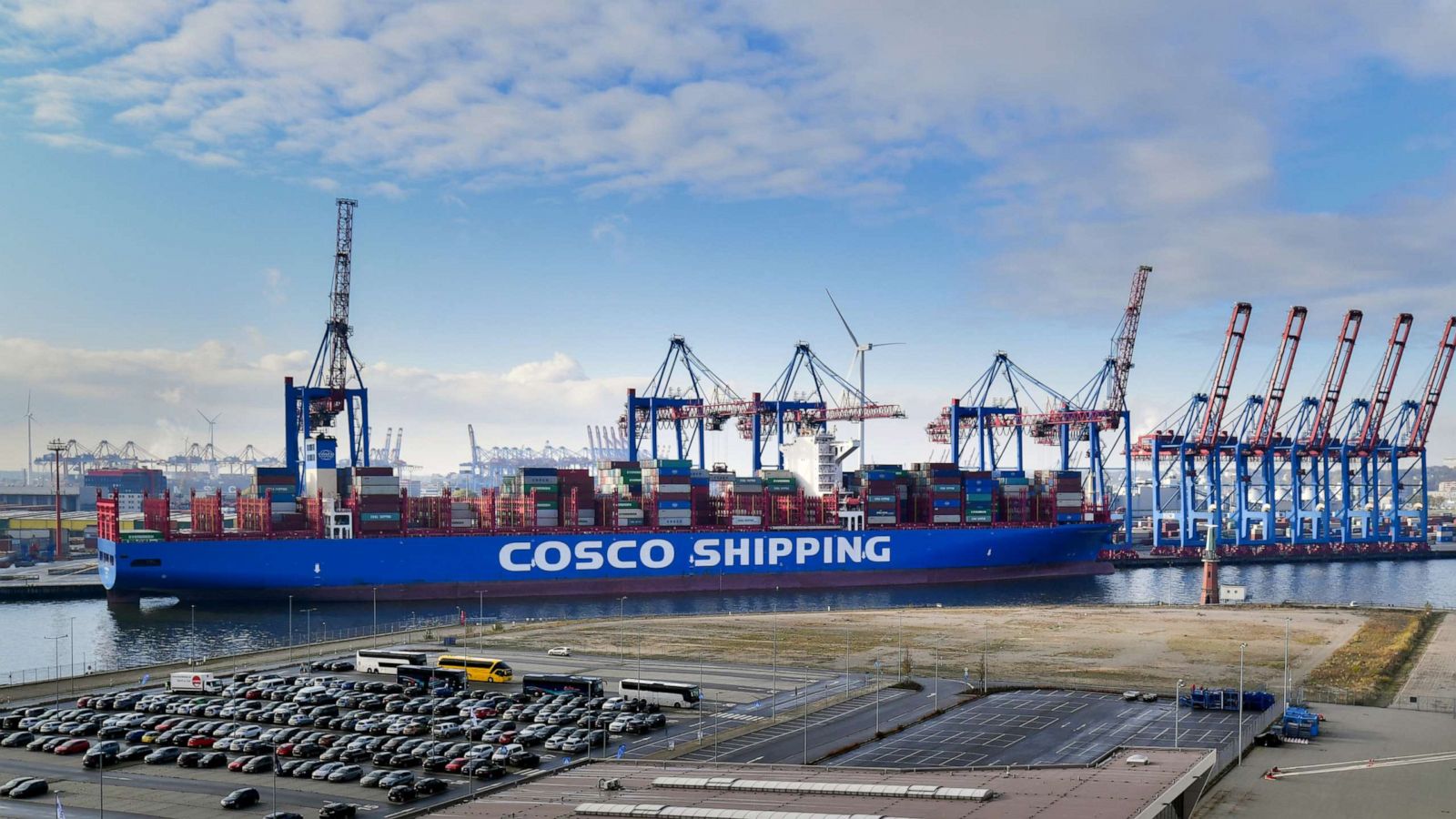 PHOTO: A Costco container ship is unloaded by 'A' cranes on a misty morning in the Port of Hamburg on Nov. 9, 2019 in Hamburg.