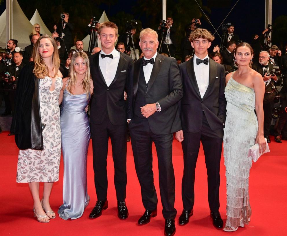 PHOTO: Cayden Wyatt Costner Lily Costner, Hayes Costner, Grace Avery Costner, Kevin Costner and Annie Costner at the 77th annual Cannes Film Festival at Palais des Festivals on May 19, 2024 in Cannes, France.