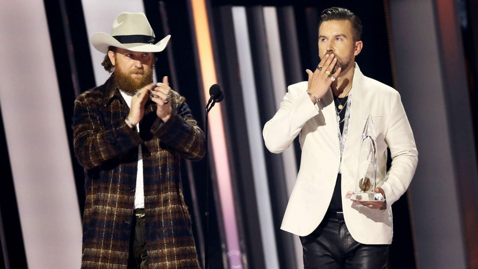 PHOTO: John Osborne and T.J. Osborne of Brothers Osborne speak on stage during the 55th annual Country Music Association awards in Nashville, Tenn., Nov. 10, 2021.