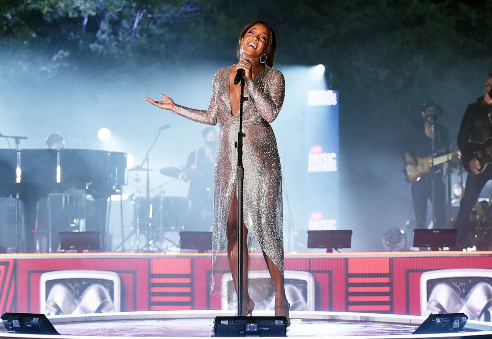 PHOTO: Mickey Guyton performs onstage at the Sycamore Barn in Arrington, Tenn., Oct. 21, 2020.