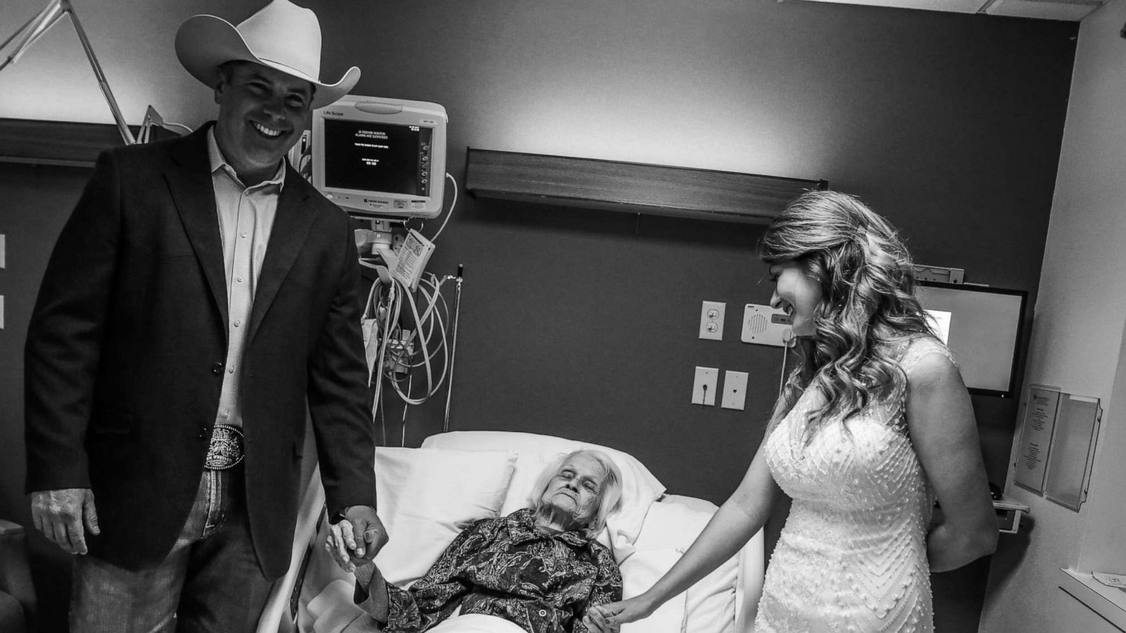 PHOTO: Clay Cameron, weds Sky Howard in an unofficial ceremony at Hemphill County Hospital in Hemphill County, Texas, beside his grandmother, harlotte Bussard, 100.