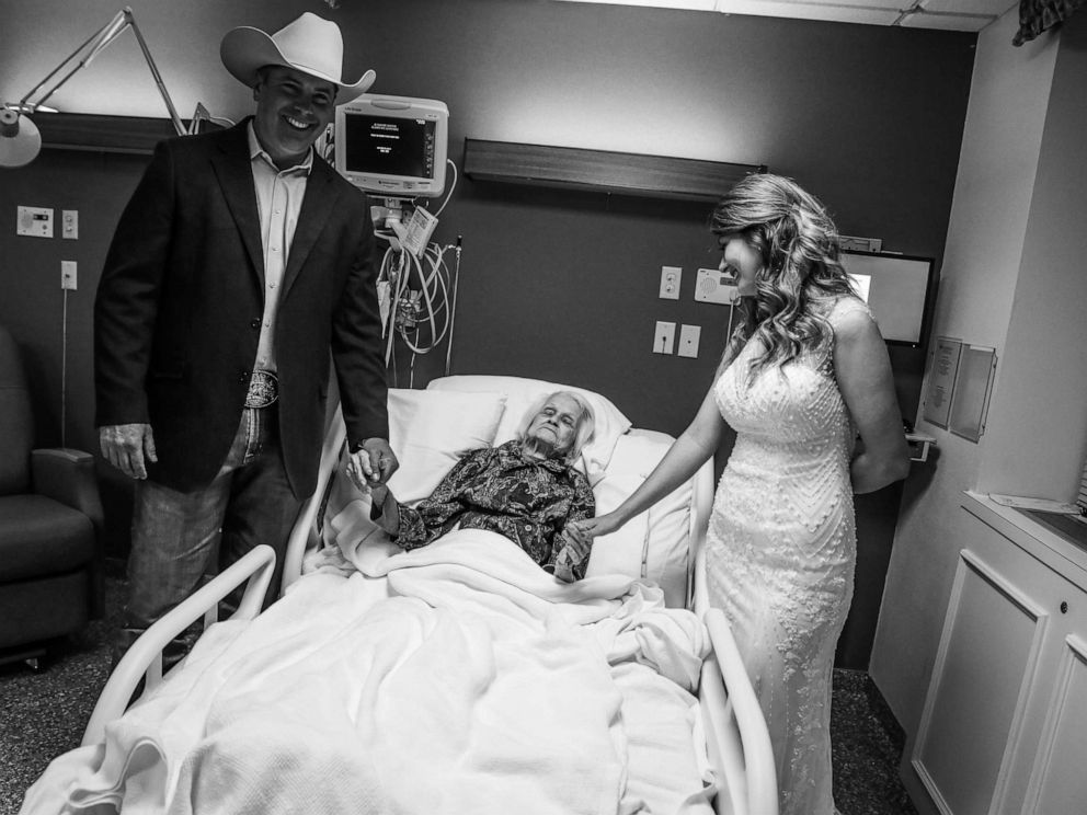 PHOTO: Clay Cameron, weds Sky Howard in an unofficial ceremony at Hemphill County Hospital in Hemphill County, Texas, beside his grandmother, harlotte Bussard, 100.