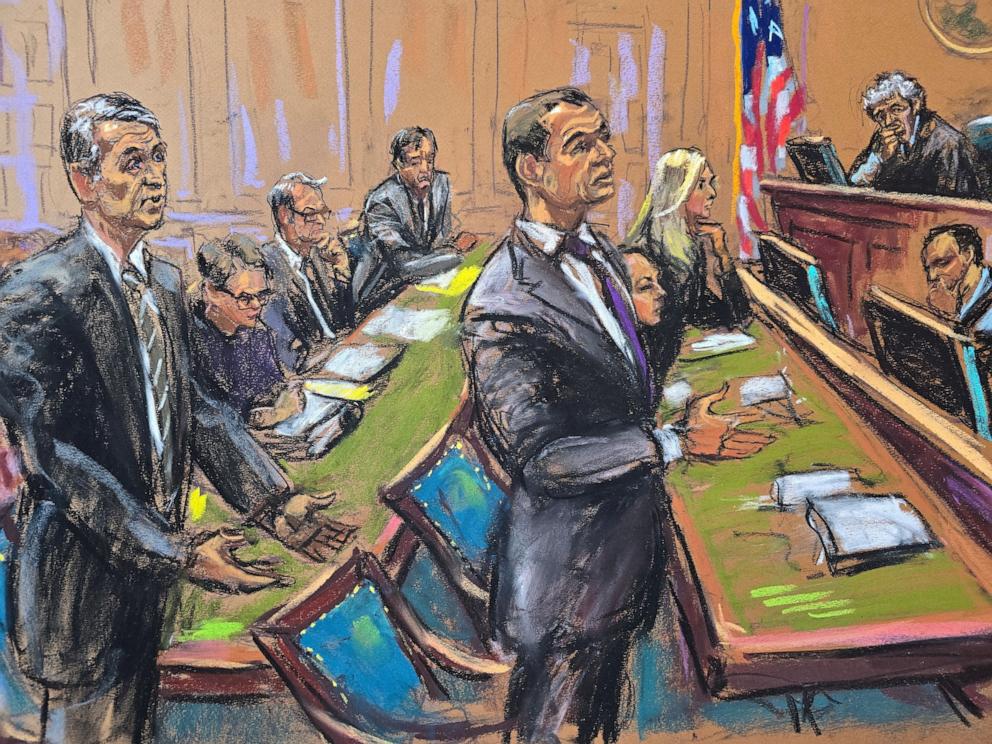 PHOTO: Attorney Michael J. Gottlieb (R) stands in front of Justin Baldoni's attorney Bryan Freedman inside the District Court in Manhattan as they both argue during a trial conference in New York City, Feb. 3, 2025 in this courtroom sketch. 