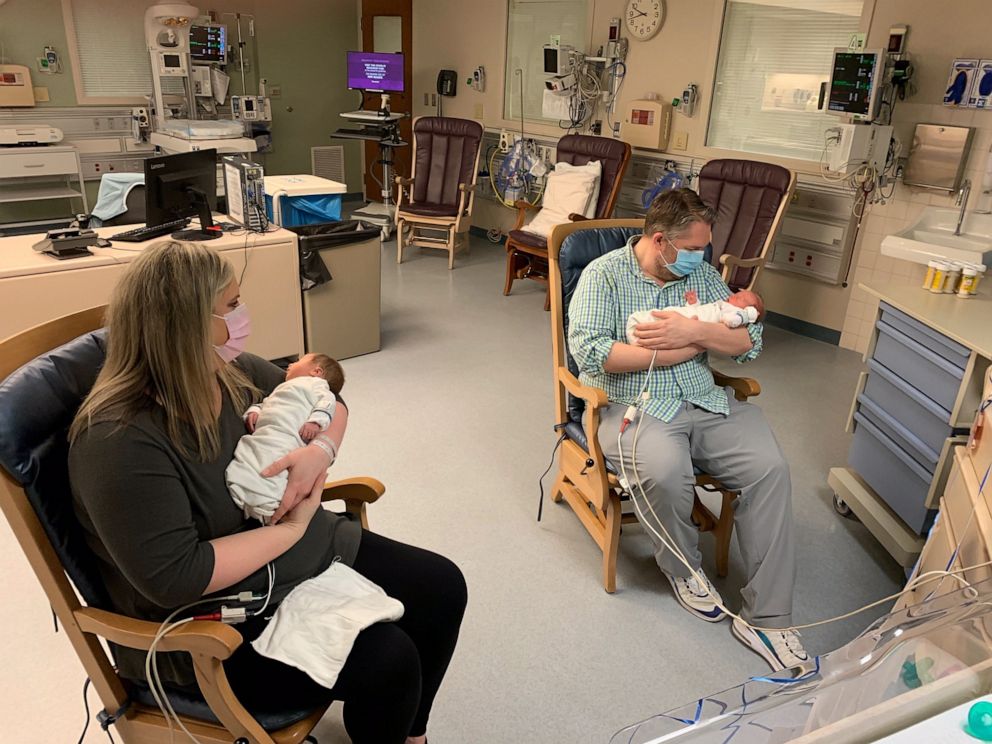 PHOTO: Jennifer and Andre Laubach met their twin sons for the first time on April 23, 2020, due to the coronavirus pandemic.