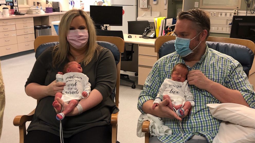 PHOTO: Jennifer and Andre Laubach met their twin sons for the first time on April 23, 2020, due to the coronavirus pandemic.