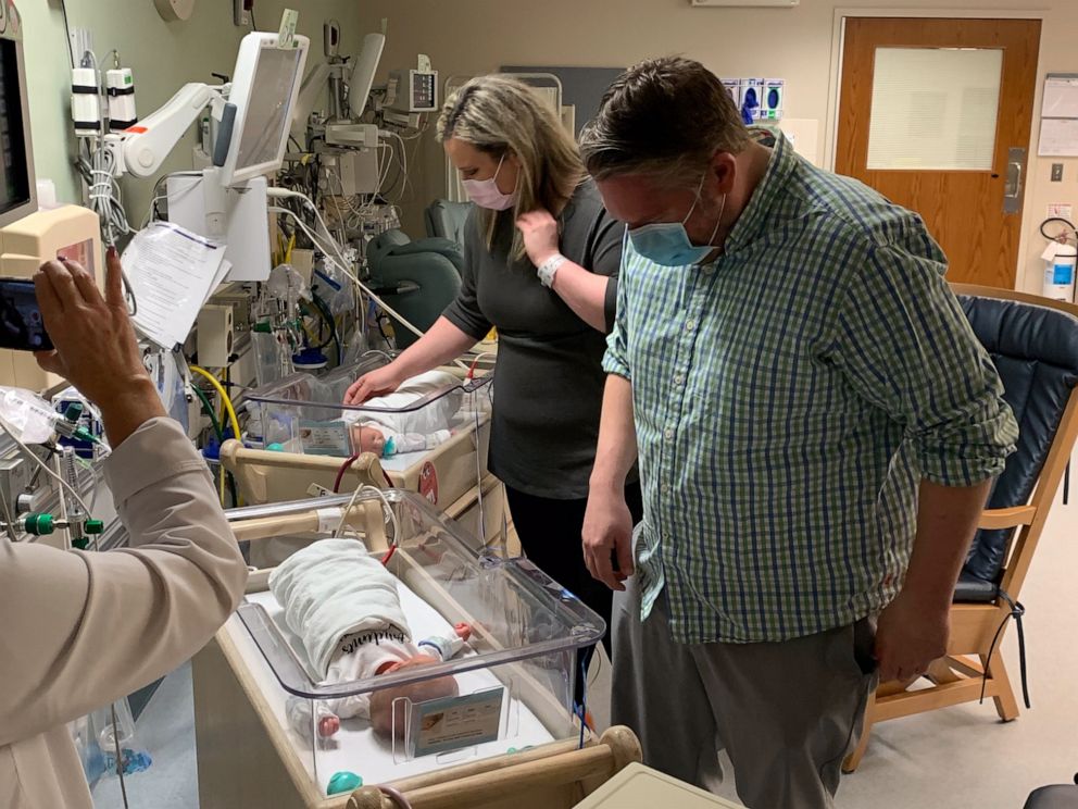 PHOTO: Jennifer and Andre Laubach met their twin sons for the first time on April 23, 2020, due to the coronavirus pandemic.