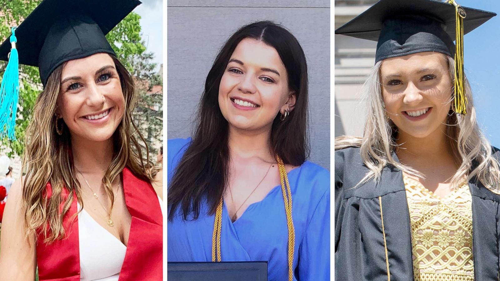 PHOTO: Brigette Banser, Marisa Ellis, and Alexis Gore pose with their graduation accoutrements in a composite image. They are college students affected by school closures and issues with entering into the job market in the COVID-19 era.