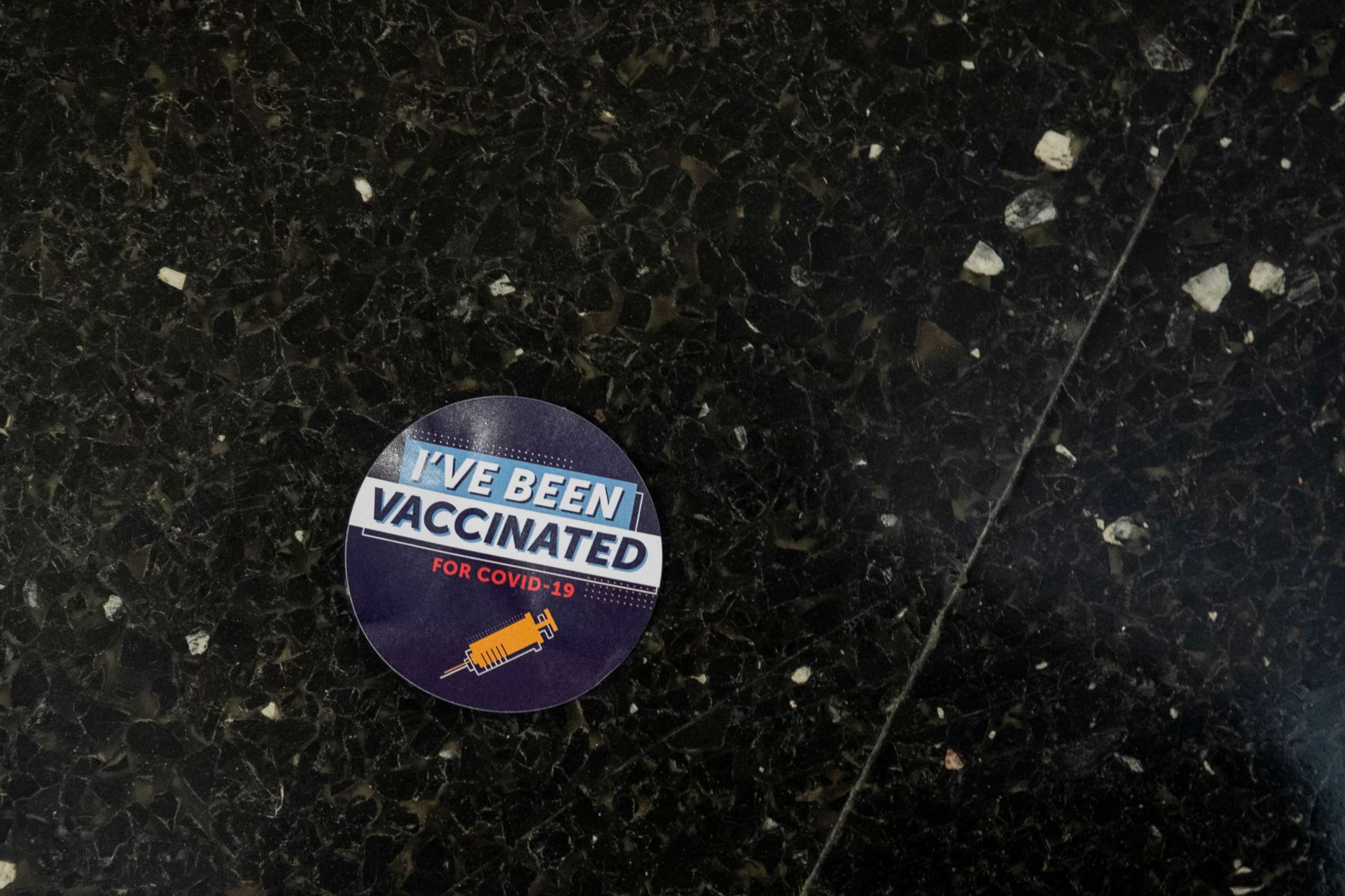 PHOTO: A sticker that reads "I've been vaccinated for Covid-19" is seen at Thomas Jefferson University Hospital in Philadelphia, Dec. 16, 2020.