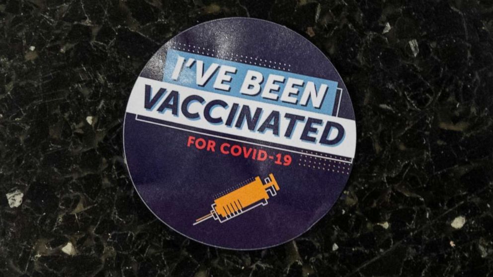 PHOTO: A sticker that reads "I've been vaccinated for Covid-19" is seen at Thomas Jefferson University Hospital in Philadelphia, Dec. 16, 2020.