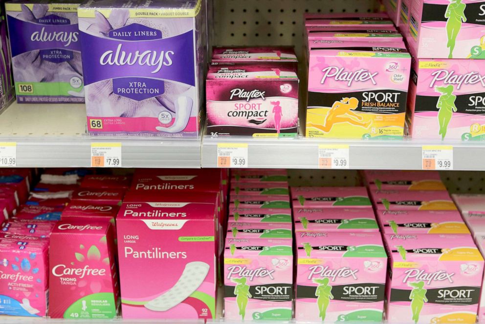 PHOTO: Feminine hygiene products are seen in a Walgreens in Brooklyn, New York, Oct. 12, 2019.