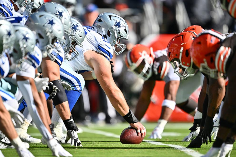 PHOTO: Cooper Beebe #56 of the Dallas Cowboys lines up over the ball in the first quarter of the game against the Cleveland Browns at Cleveland Browns Stadium on Sept. 8, 2024, in Cleveland, Ohio. 