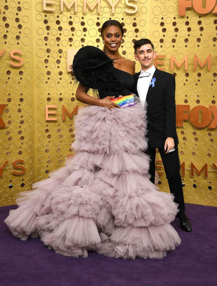 PHOTO: Laverne Cox and Chase Strangio arrive for the 71st Emmy Awards at the Microsoft Theatre in Los Angeles on September 22, 2019.