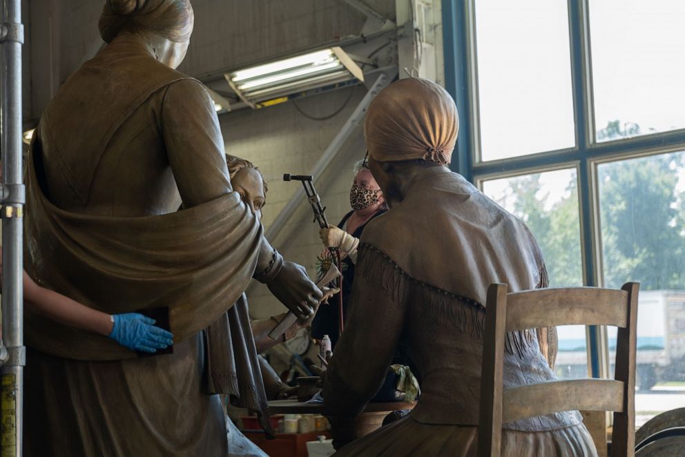 PHOTO: A statue depicting Sojourner Truth, Susan B. Anthony and Elizabeth Cady will be unveiled as "The Women's Rights Pioneers" monument in New York's Central Park on Aug. 26, 2020.