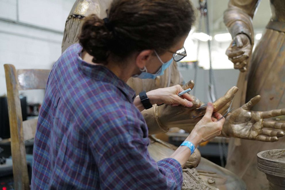 PHOTO: Sculptor Meredith Bergmann works on her statue depicting Sojourner Truth, Susan B. Anthony and Elizabeth Cady Stanton. The statue will be unveiled as "The Women's Rights Pioneers" monument in New York's Central Park on Aug. 26, 2020.