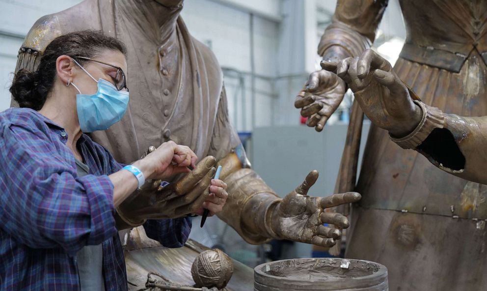 PHOTO: Sculptor Meredith Bergmann works on her Women's Rights Pioneers statue, which will be unveiled as a monument in New York's Central Park on Aug. 26, 2020.