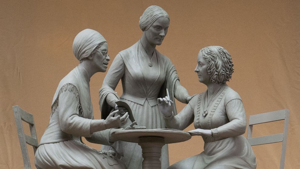 PHOTO: Women's rights pioneers Sojourner Truth, Susan B. Anthony and Elizabeth Cady Stanton are depicted in the model of a bronze statue which will be unveiled as a monument in New York's Central Park on Aug. 26, 2020.