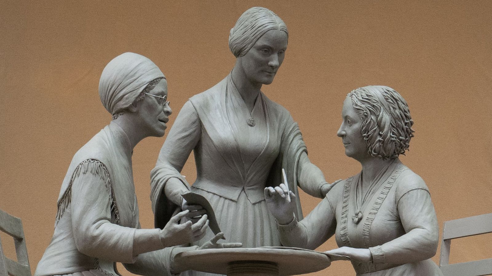 PHOTO: Women's rights pioneers Sojourner Truth, Susan B. Anthony and Elizabeth Cady Stanton are depicted in the model of a bronze statue which will be unveiled as a monument in New York's Central Park on Aug. 26, 2020.