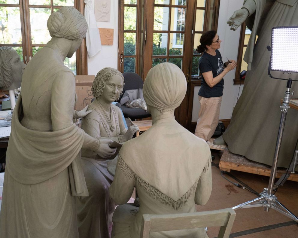 PHOTO: Sculptor Meredith Bergmann works on her statue depicting Sojourner Truth, Susan B. Anthony and Elizabeth Cady Stanton. The statue will be unveiled as "The Women's Rights Pioneers" monument in New York's Central Park on Aug. 26, 2020.