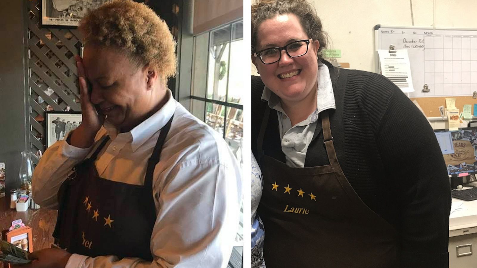 PHOTO: Cracker Barrel waitresses Janet Ballard (left) and Laurie Malcom (right) received generous tips from customers for the holiday season.