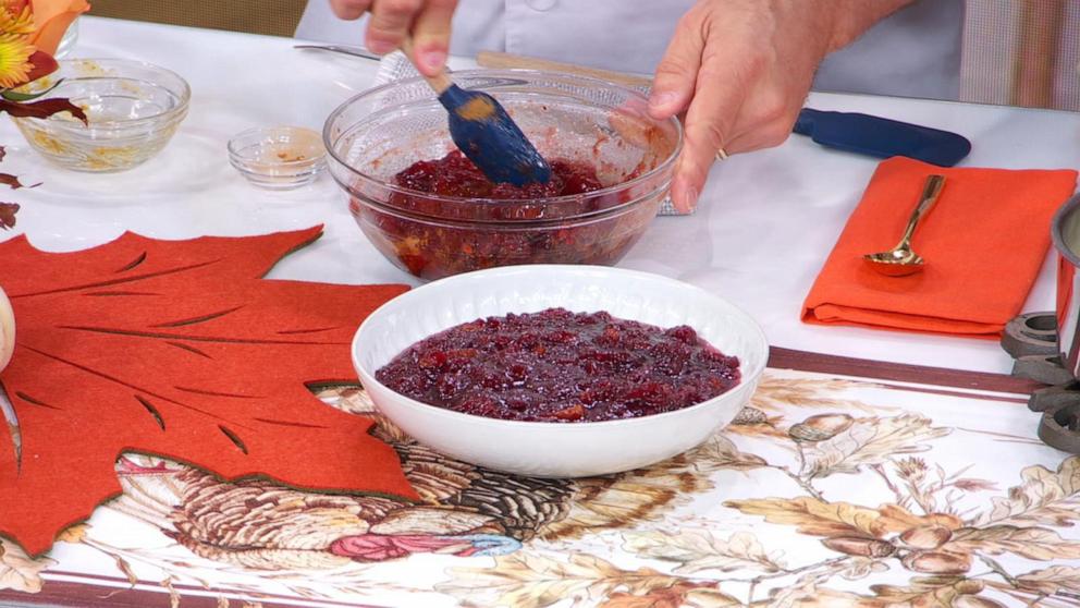 PHOTO: A bowl of cranberry sauce with orange zest, vinegar and dried cranberries.