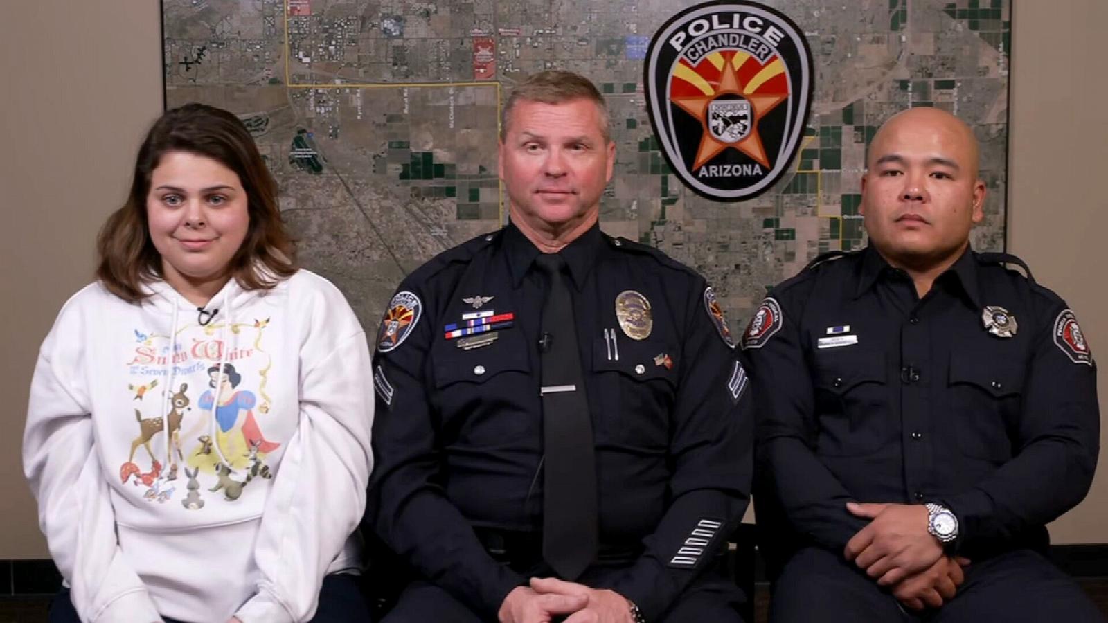 PHOTO: Aymee Ruiz reunited on Feb. 19 with first responders Chandler Police Officer Brian Larison and Peoria Firefighter and Paramedic Asa Paguia after they helped save her from a burning truck along an Arizona highway on Feb. 18.