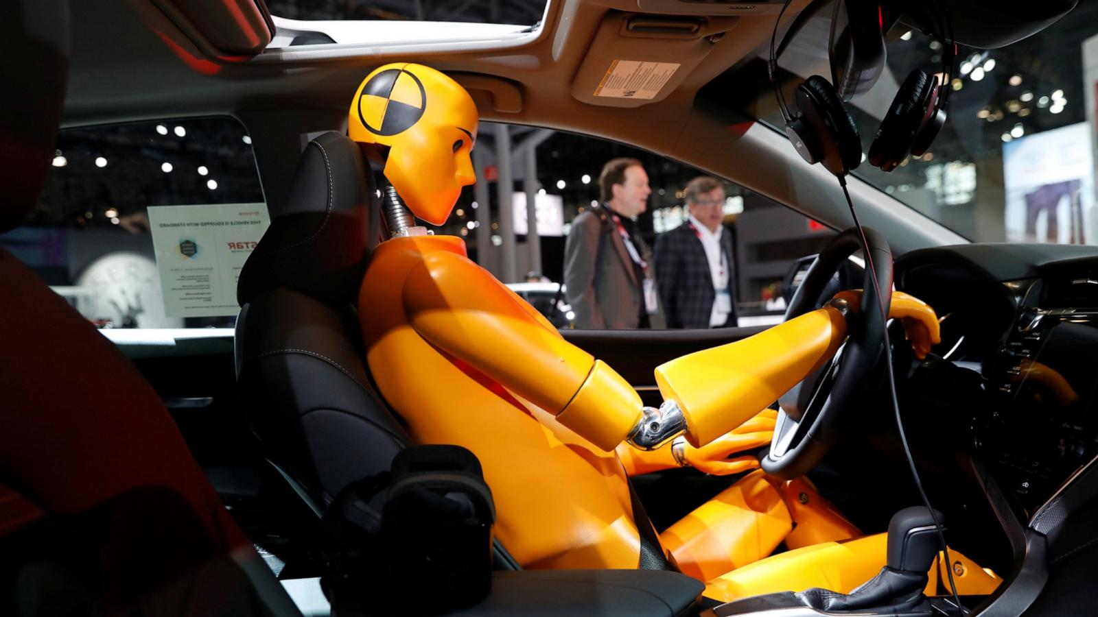 PHOTO: In this March 29, 2018, file photo, a crash test model is displayed inside a 2018 Toyota Camry on the floor of the New York Auto Show in New York.