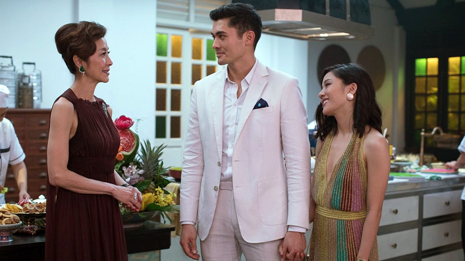 PHOTO: Michelle Yeoh, left, Henry Golding and Constance Wu in a scene from "Crazy Rich Asians."