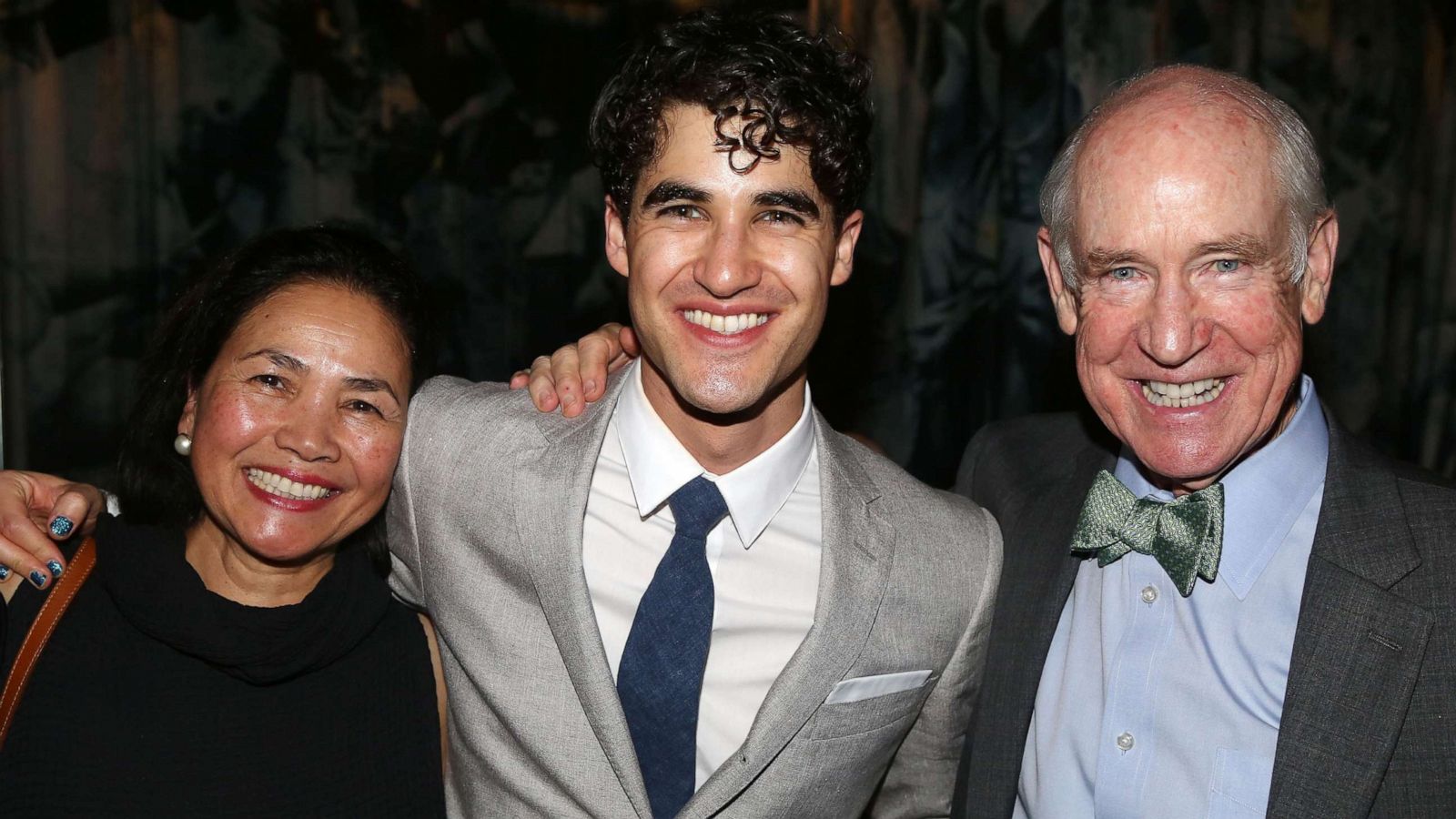 PHOTO: Cerina Criss, son Darren Criss and father Charles William Criss pose at the After Party for Darren Criss's Opening Night in "Hedwig and The Angry Inch" on Broadway at The Hunt & Fish Club on April 29, 2015 in New York City.