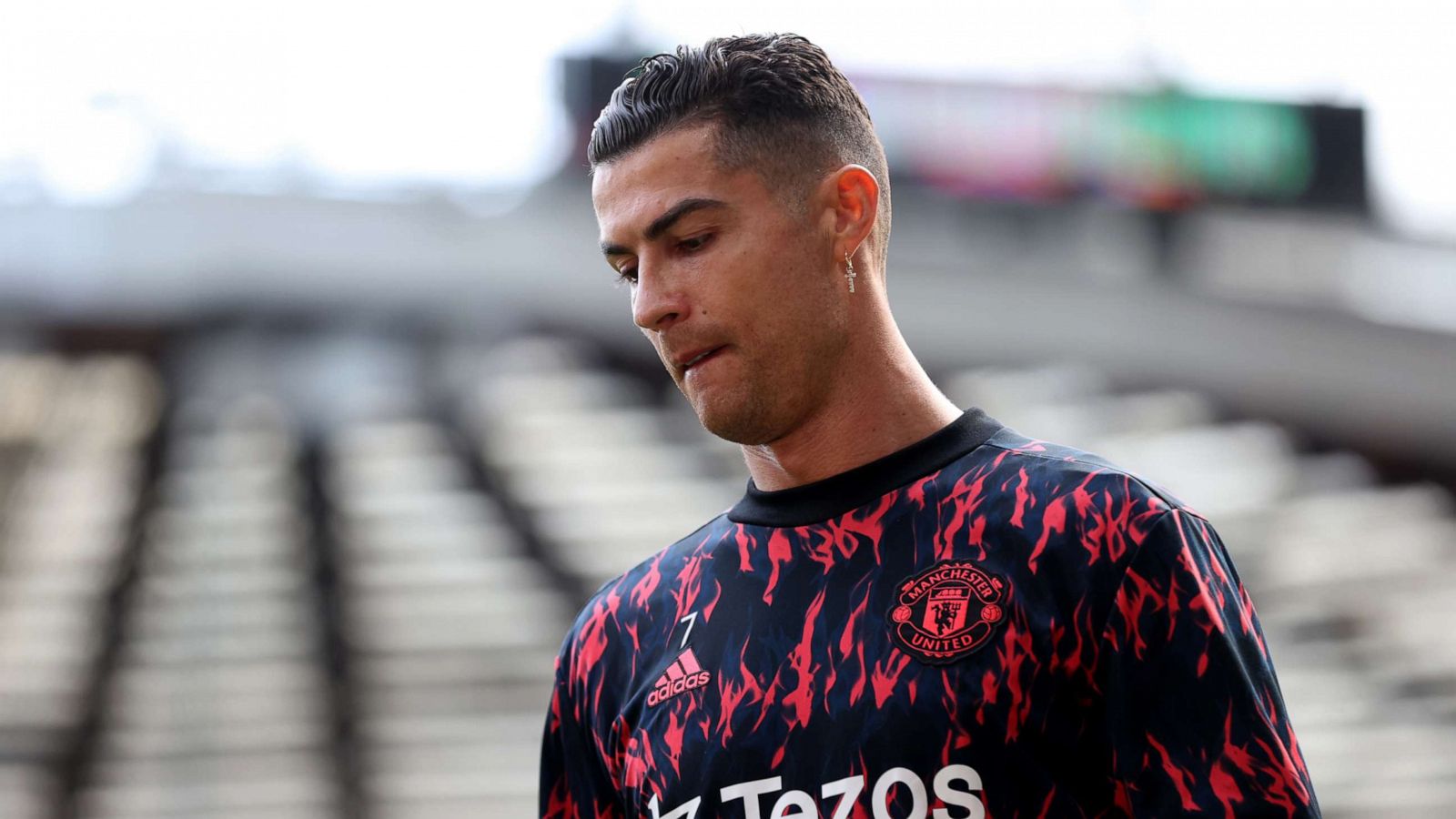 PHOTO: Cristiano Ronaldo of Manchester United warms up, April 16, 2022, in Manchester, England.