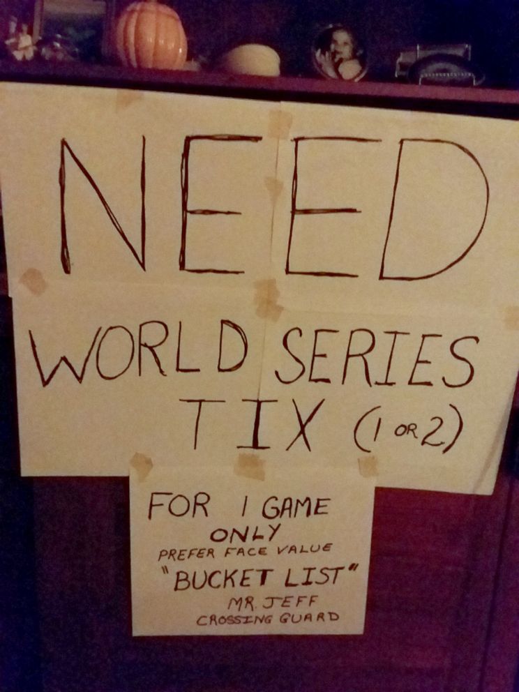 PHOTO: Covel said he and his family are huge Washington Nationals fans, and he held up this sign at his post for a week as a joke, asking for tickets to the big game.