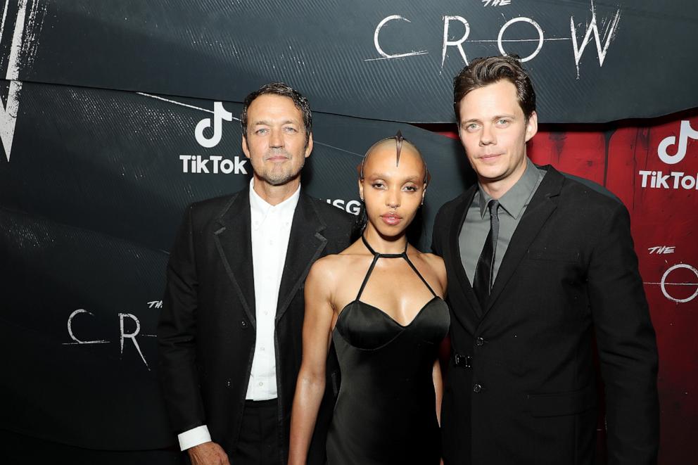 PHOTO: Rupert Sanders (Director), FKA twigs and Bill Skarsgard attends the World Premiere of Lionsgate’s "The Crow," in New York, Aug. 20, 2024.