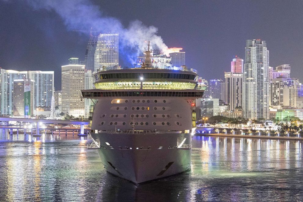 PHOTO: The Royal Caribbean's cruise ship, Freedom of the Seas, uses the turn basin as it prepares to dock in Miami, May 6, 2022.