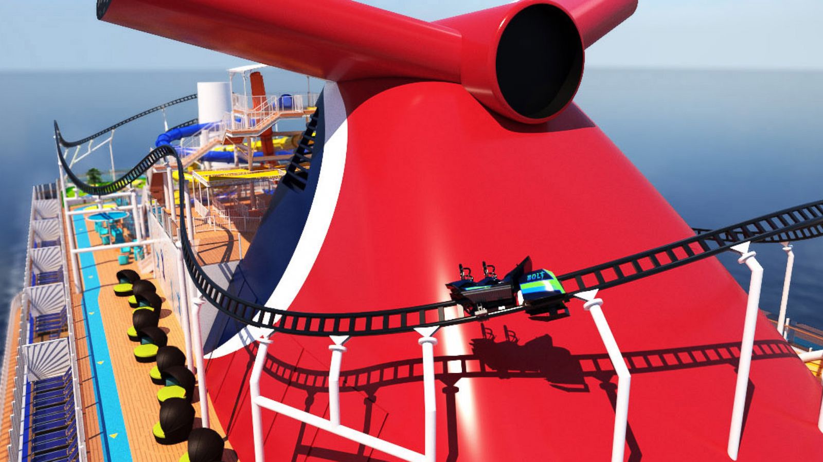 PHOTO: A rendered illustration shows the electric roller coaster on the Carnival Cruise Line ship Mardi Gras, planned for 2020.