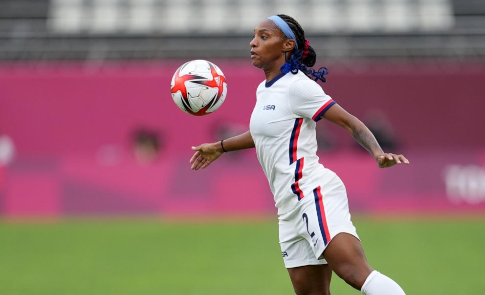 PHOTO: Crystal Dunn #2 of Team United States traps the ball before a game between Australia and USWNT at Ibaraki Kashima Stadium on July 27, 2021 in Kashima, Japan.