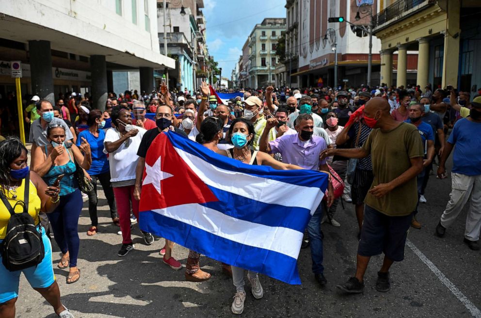 PHOTO: People take part in a demonstration to support the government of the Cuban President Miguel Diaz-Canel in Havana, on July 11, 2021.