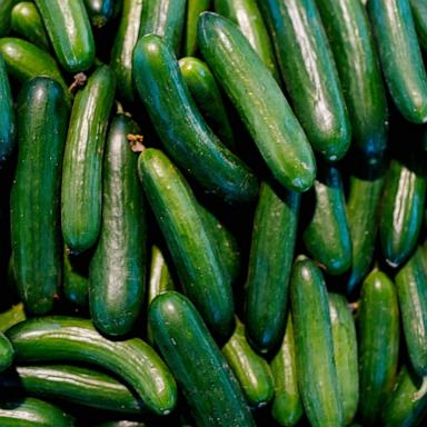 PHOTO: Green cucumbers on shelf in supermarket.