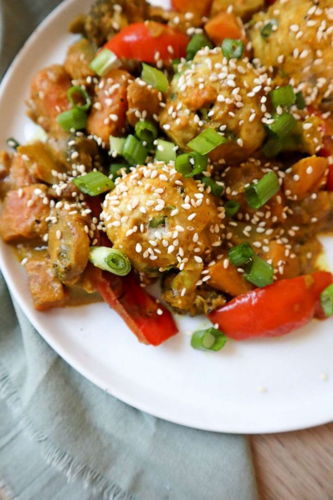 PHOTO: Curry chicken meatballs with veggies.