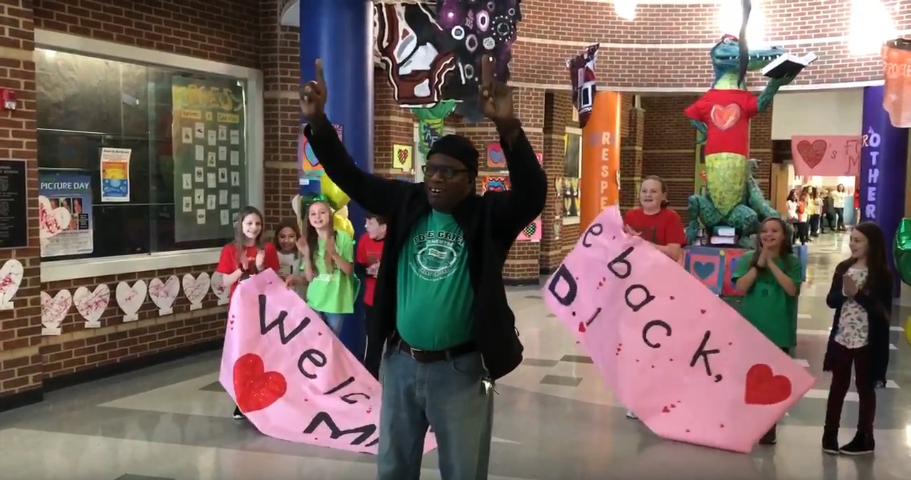 PHOTO: Tyrees Dandridge, known to students as Mr. D., returned to Pole Green Elementary School in Virginia to a screaming crowd as he returned to his duties as custodian on Feb. 25, after a heart and kidney transplant. 