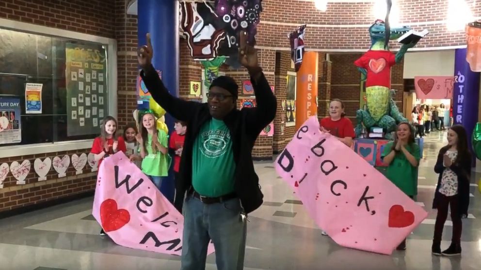 PHOTO: Tyrees Dandridge, known to students as Mr. D., returned to Pole Green Elementary School in Virginia to a screaming crowd as he returned to his duties as custodian on Feb. 25, after a heart and kidney transplant. 