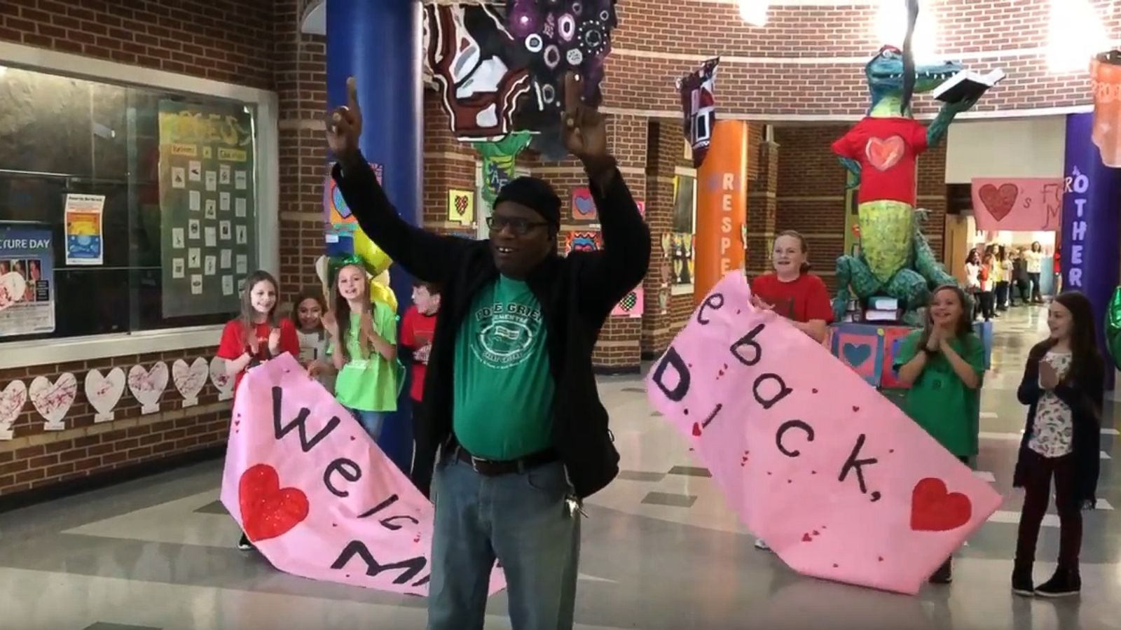 PHOTO: Tyrees Dandridge, known to students as Mr. D., returned to Pole Green Elementary School in Virginia to a screaming crowd as he returned to his duties as custodian on Feb. 25, after a heart and kidney transplant.