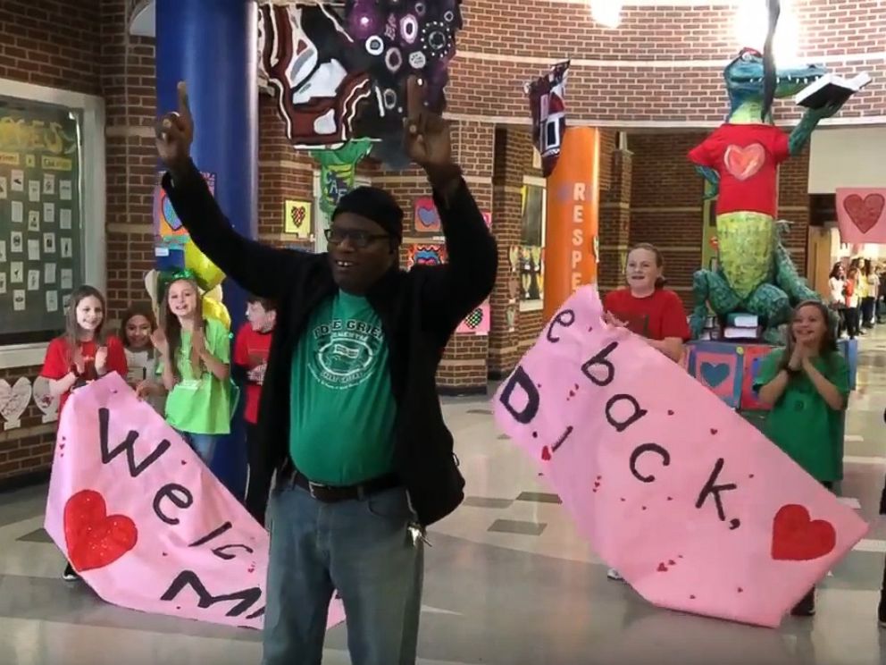 PHOTO: Tyrees Dandridge, known to students as Mr. D., returned to Pole Green Elementary School in Virginia to a screaming crowd as he returned to his duties as custodian on Feb. 25, after a heart and kidney transplant.