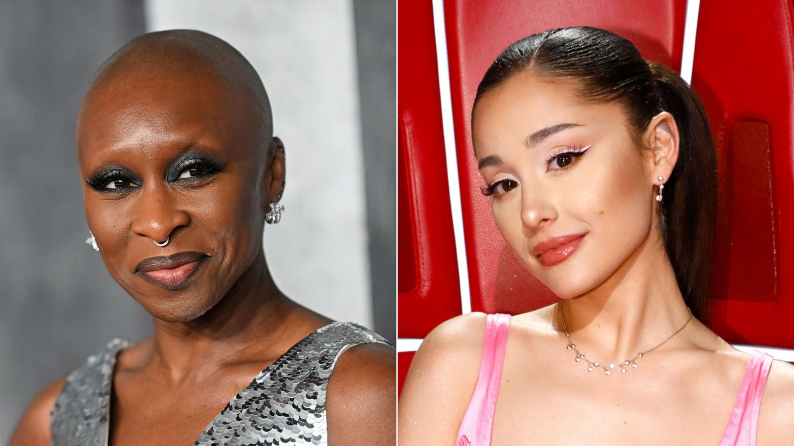 PHOTO: Cynthia Erivo arrives at the global premiere of "Luther: The Fallen Sun" on March 1, 2023, in London. | Ariana Grande is shown on the set of "The Voice," on Nov. 16, 2021.