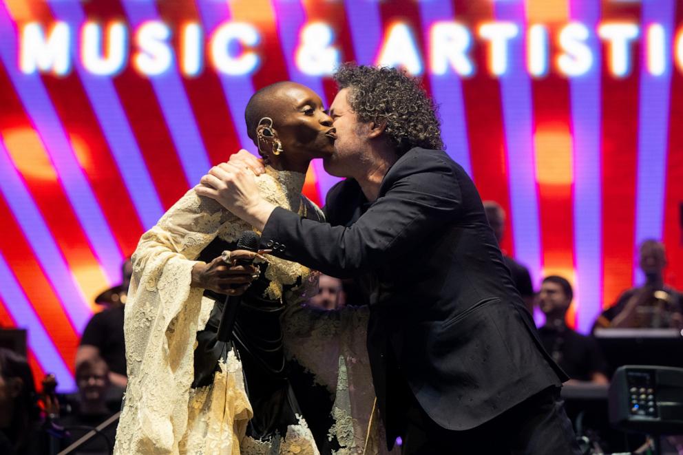 PHOTO: Cynthia Erivo and Gustavo Dudamel perform onstage with the Los Angeles Philharmonic Coachella Valley Music and Arts Festival on April 19, 2025 in Indio, California. 