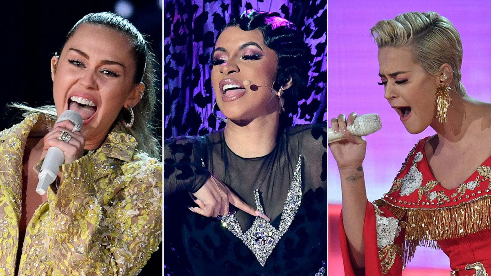 PHOTO: Miley Cyrus, left, Cardi B and Katy Perry perform at the 61st Grammy awards, Feb 10, 2019, in Los Angeles.