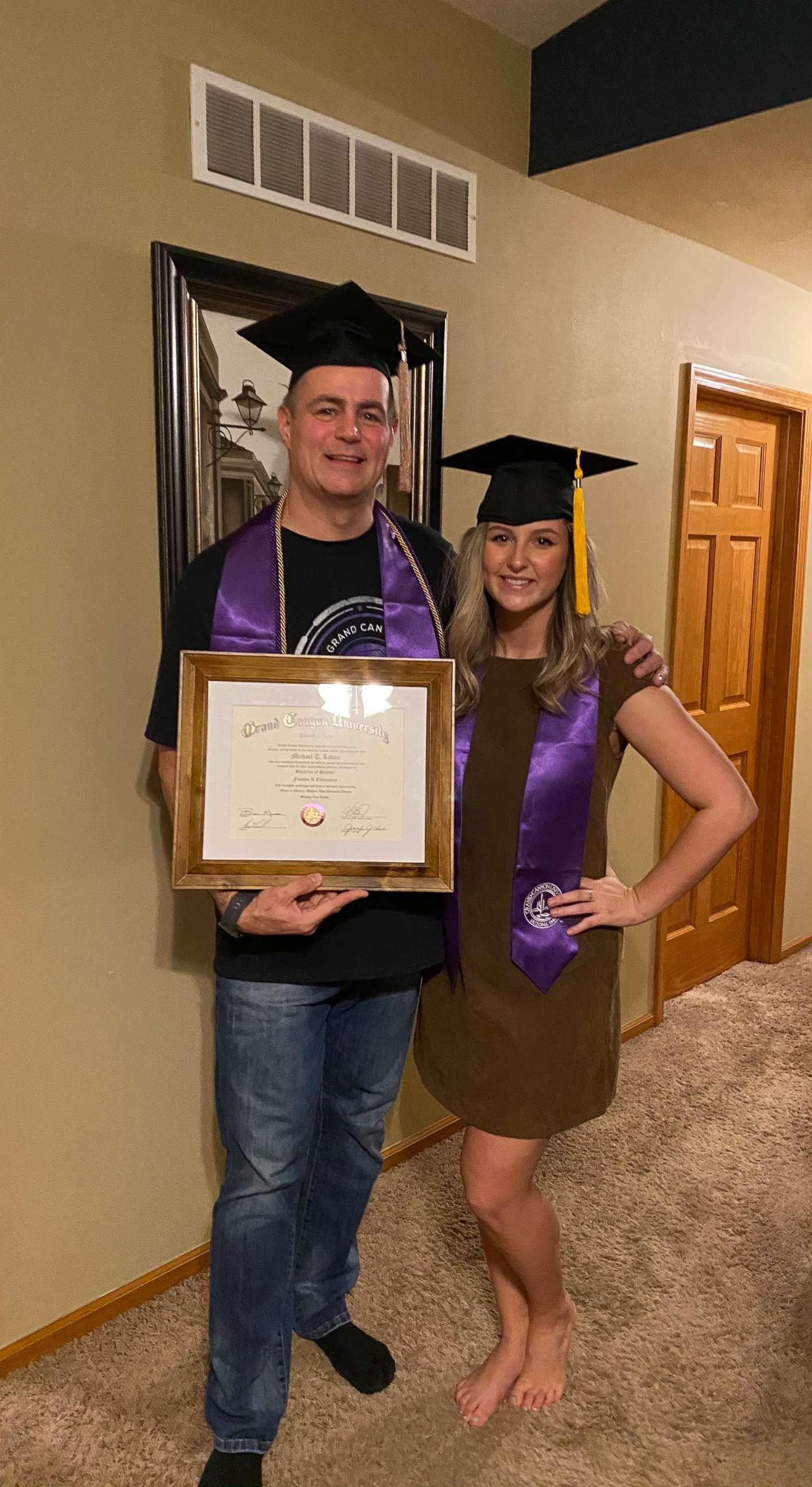 PHOTO: Mike Loven, 47, of Machesney Park, received a bachelor’s degree in finance and economics with a 3.99 GPA from Grand Canyon University in Phoenix, Arizona, last October. His daughter, Taleigh Loven, 23, earned her bachelor's degree in psychology. 