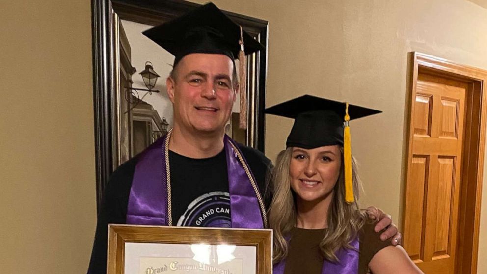 PHOTO: Mike Loven, 47, of Machesney Park, received a bachelor’s degree in finance and economics with a 3.99 GPA from Grand Canyon University in Phoenix, Arizona, last October. His daughter, Taleigh Loven, 23, earned her bachelor's degree in psychology. 