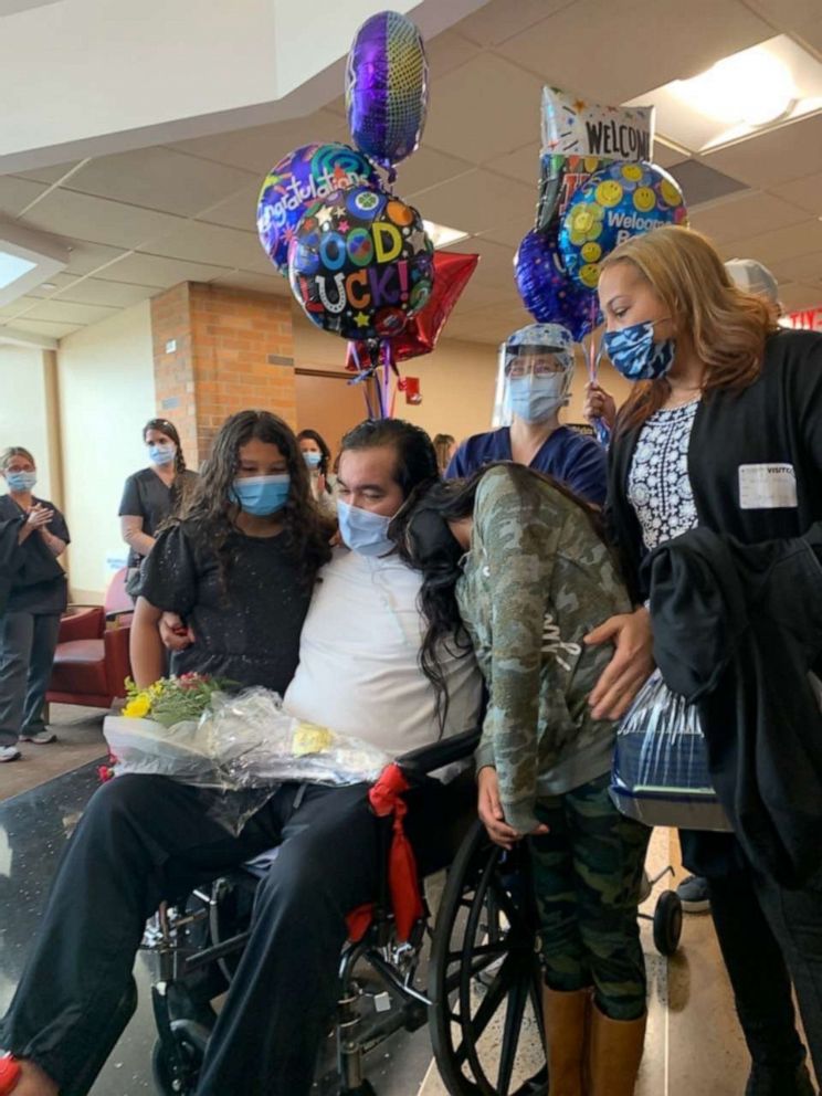 PHOTO: After 72 days at Catholic Health’s Mercy Hospital in Rockville Centre, New York, Alfredo Hercules, 39, was able to hug his daughters Isabel, 9 and Safiah, 7, after surviving COVID-19.