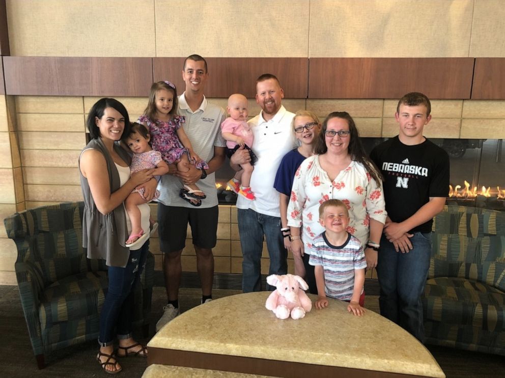 PHOTO: In May 2019, Alle Jilg and her parents, Tia and Mike Jilg, met Jacob Oswald -- a father of two from Iowa whose bone marrow donation was a match for Alle.