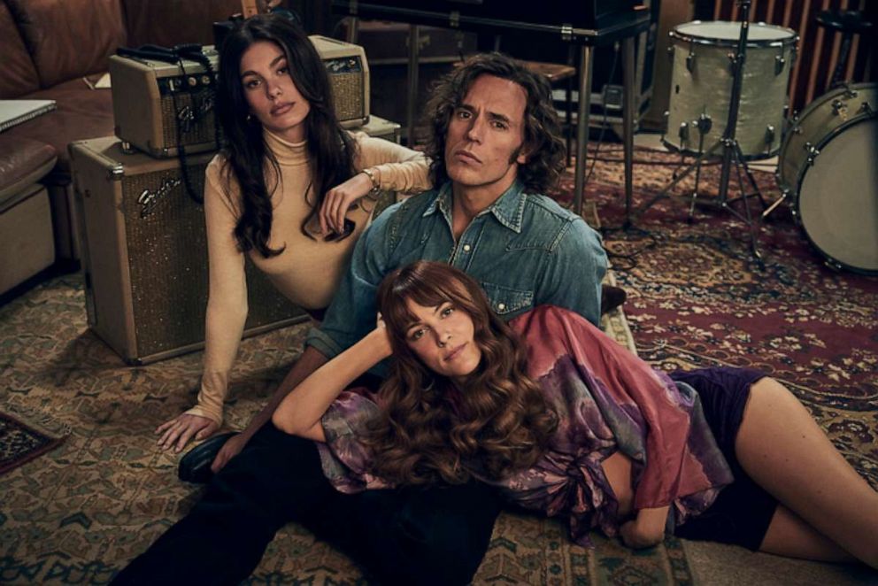 PHOTO: (L-R): Camila Morrone (Camila Dunne), Sam Claflin (Billy Dunne), Riley Keough (Daisy Jones)